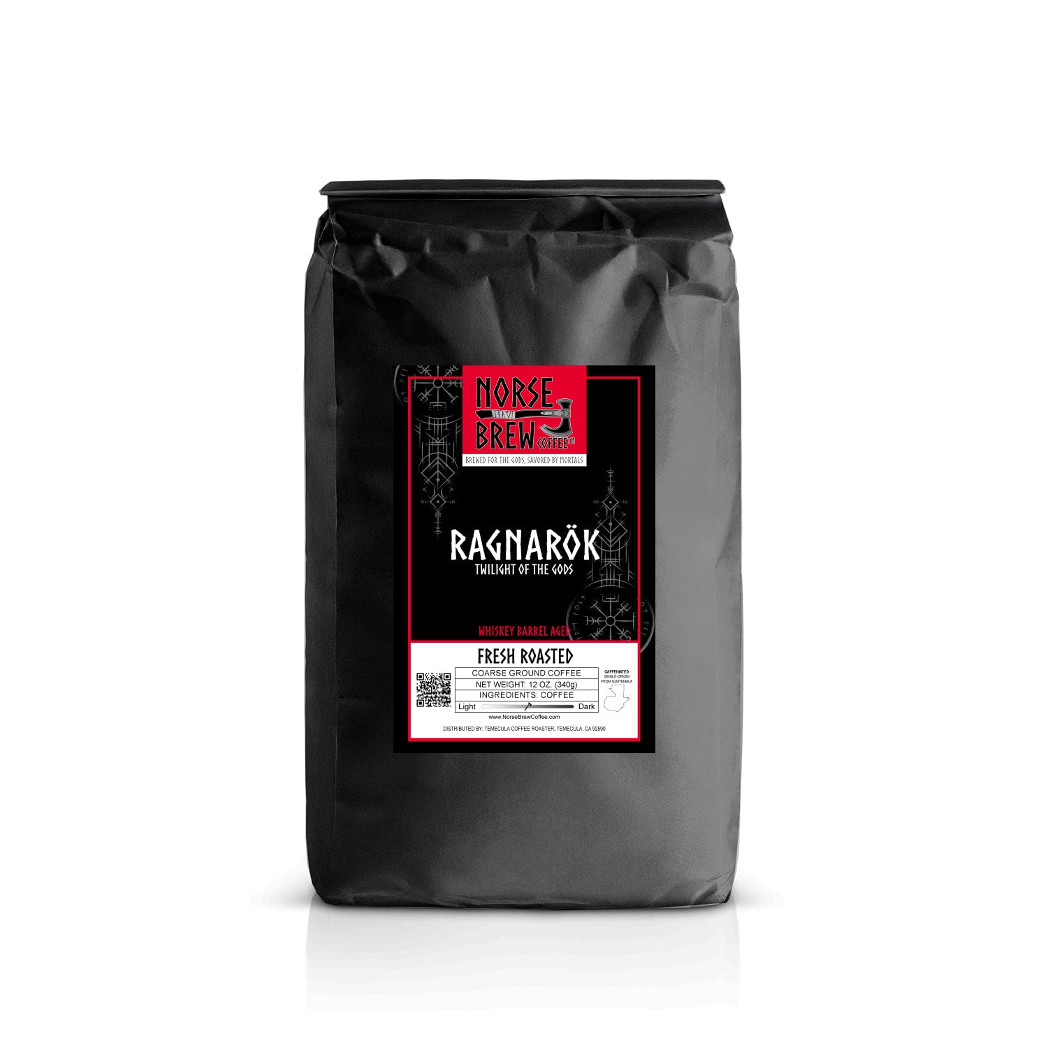 120z. bag of Ragnarök medium roast, coarse ground coffee sourced from Guatemala Whisky barrel aged for 30 days.