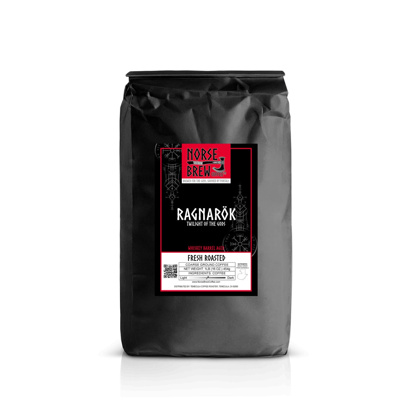 1lb. bag of Ragnarök medium roast, coarse ground coffee sourced from Guatemala Whisky barrel aged for 30 days.